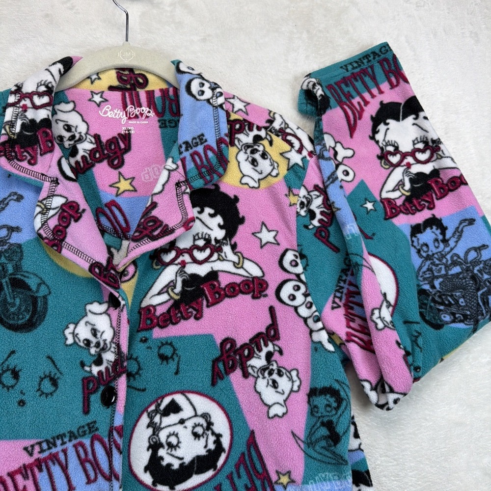 Betty Boop Fleece Pajama Top Women's XL Pink Graphic Button Front Sleep Shirt